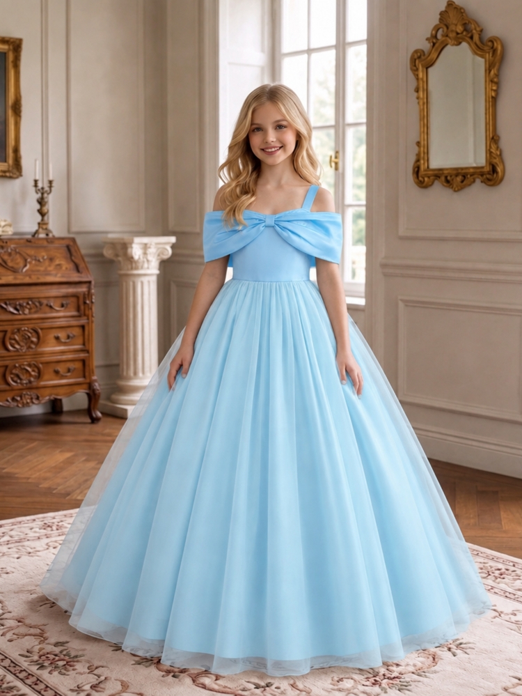 Girls' Ice Princess Style Light Blue Long Dress, Off-The-Shoulder Satin Top With Large Bow, Lightweight Tulle Full Skirt, Piano Performance Flowergirl - Baby Blue - View 5