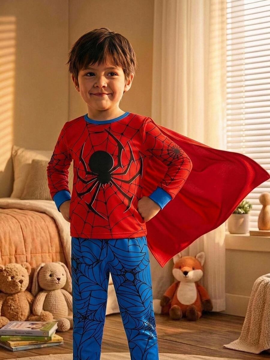 SHEIN 2pcs Kids Young Boy Casual Daily Comfortable Crew Neck Autumn Winter Pullover Long Sleeve Pajama Set Knit Two Pieces Snug Fit Loungewear - Multicolor - View 1