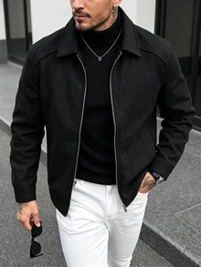 Manfinity Homme Men Solid Color Casual Smart Long Sleeve Overcoat, Suitable For Autumn And Winter Men Black Button Up Over Vacation Workwear - Black - View 1