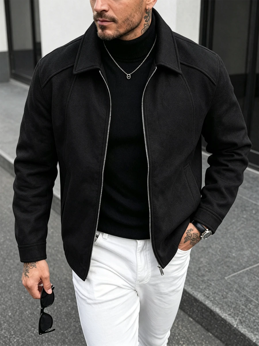 Manfinity Homme Men Solid Color Casual Smart Long Sleeve Overcoat, Suitable For Autumn And Winter Men Black Button Up Over Vacation Workwear - Black - View 1