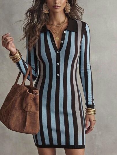Solivie Women's Autumn Long Sleeve POLO Collar Colorful Striped Sweater Dress Women Fall Winter Sweater Christmas Dress Halloween Casual Dresses