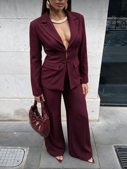 Silquee Women's Elegant Autumn/Winter Burgundy Long-Sleeve Jacket And Trouser Set With Chinese-Style Knot Buttons And Lapel Collar Everyday Commute And Sophis