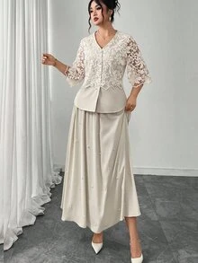 Modelyn Lace Patchwork Shirt Paired With Pearl Decor Elastic Waist Skirt, Fashionable Slimming Two Pieces Set For Elegant Ladies, Plus Size Fall - Beige - View 4