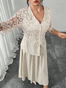 Modelyn Lace Patchwork Shirt Paired With Pearl Decor Elastic Waist Skirt, Fashionable Slimming Two Pieces Set For Elegant Ladies, Plus Size Fall - Beige - View 3