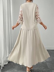 Modelyn Lace Patchwork Shirt Paired With Pearl Decor Elastic Waist Skirt, Fashionable Slimming Two Pieces Set For Elegant Ladies, Plus Size Fall - Beige - View 2