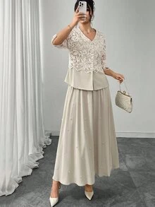 Modelyn Lace Patchwork Shirt Paired With Pearl Decor Elastic Waist Skirt, Fashionable Slimming Two Pieces Set For Elegant Ladies, Plus Size Fall - Beige - View 6