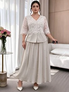 Modelyn Lace Patchwork Shirt Paired With Pearl Decor Elastic Waist Skirt, Fashionable Slimming Two Pieces Set For Elegant Ladies, Plus Size Fall - Beige - View 1