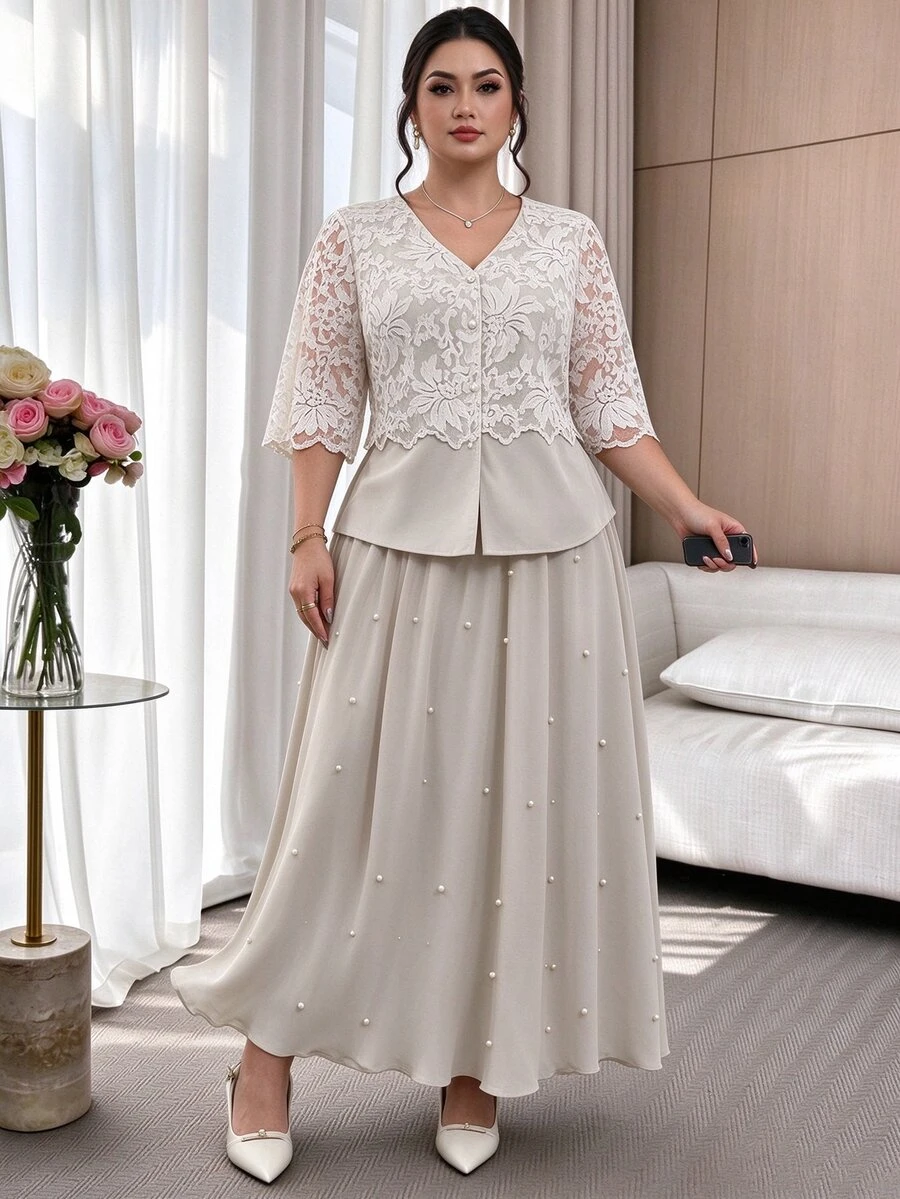 Modelyn Lace Patchwork Shirt Paired With Pearl Decor Elastic Waist Skirt, Fashionable Slimming Two Pieces Set For Elegant Ladies, Plus Size Fall - Beige - View 1