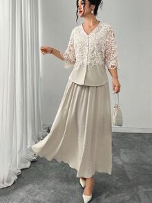 Modelyn Lace Patchwork Shirt Paired With Pearl Decor Elastic Waist Skirt, Fashionable Slimming Two Pieces Set For Elegant Ladies, Plus Size Fall - Beige - View 7
