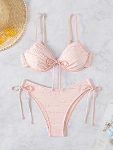 Costavie 2026 Spring/Summer Light Pink Special Fabric Spaghetti Strap Underwire Push-Up Bow Cute Sweet Vacation Side Drawstring Lace-Up High Cut Bikini Two Pieces Set For Women - Pink - View 3