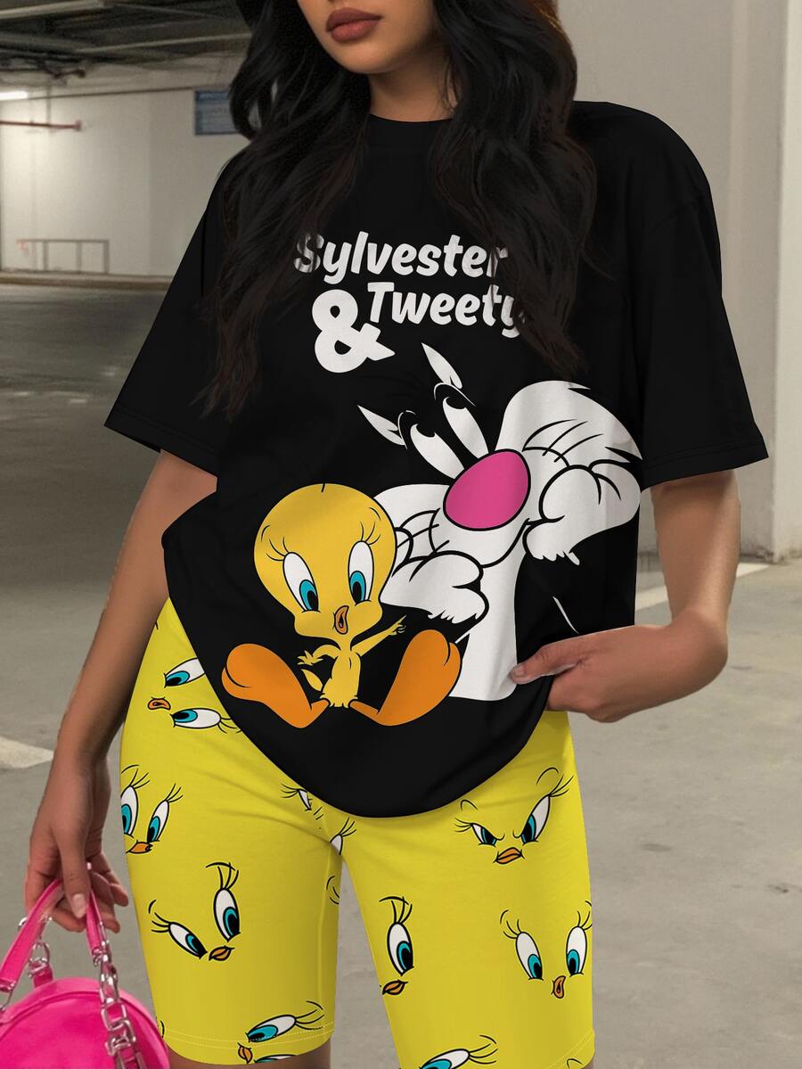 Slaydiva LOONEY TUNES X SHEIN Funny Tweety And Sylvester Print Plus Size Women 2pcs Set - Short Sleeve T-Shirt And Shorts - Multicolor - View 1