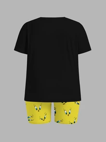 Slaydiva LOONEY TUNES X SHEIN Funny Tweety And Sylvester Print Plus Size Women 2pcs Set - Short Sleeve T-Shirt And Shorts - Multicolor - View 6