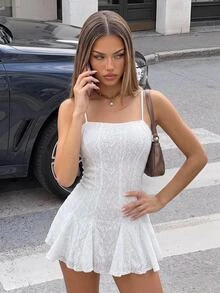 Sweetina Women's Sweet Floral Lace Patchwork Slip Dress, Solid Color, Summer - White - View 1
