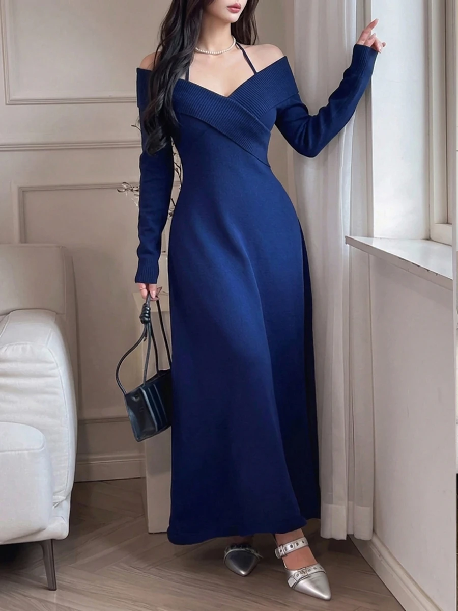 Feyla New Design Red Halter Neck Knitted Sweater Dress, Waist-Cinching Sexy Bodycon Knit Dress For Party