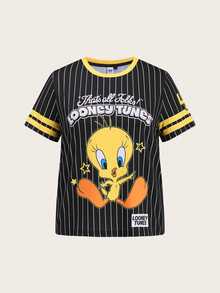 Slaydiva LOONEY TUNES X SHEIN 2026 大尺碼女款休閒街頭復古卡通圖案短袖T恤與短褲兩件套，網球風格，夏季 - 彩色 - 查看 9