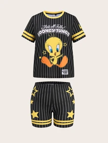 Slaydiva LOONEY TUNES X SHEIN 2026 大尺碼女款休閒街頭復古卡通圖案短袖T恤與短褲兩件套，網球風格，夏季 - 彩色 - 查看 6