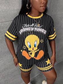 Slaydiva LOONEY TUNES X SHEIN 2026 大尺碼女款休閒街頭復古卡通圖案短袖T恤與短褲兩件套，網球風格，夏季 - 彩色 - 查看 5