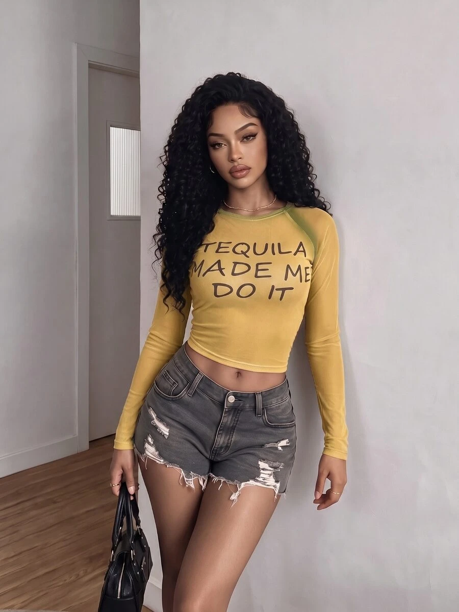 BamGleam Women's Slogan Print Round Neck Raglan Sleeve Fitted Cropped T-Shirt Fall Cloth For Women