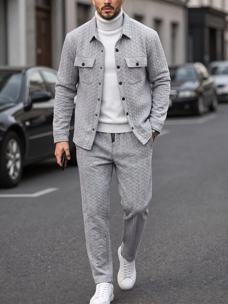 Manfinity Homme Men's Jacquard Fabric Jacket Paired With Drawstring Waist Sweatpants, Two Pieces Set, Autumn Clothing - Grey - View 1