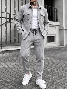 Manfinity Homme Men's Jacquard Fabric Jacket Paired With Drawstring Waist Sweatpants, Two Pieces Set, Autumn Clothing - Grey - View 6