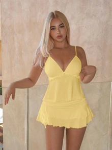 SHEIN ICON 女士性感甜美抽绳蛋糕褶裙和吊带背心两件套 - 黃色 - 查看 3