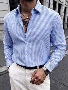 Manfinity Homme 2026新款男士休閒時尚設計極簡優雅百搭寬鬆版型藍白條紋長袖襯衫，新年聖誕萬聖節假期禮物，正式場合適用 - 藍白色 - 查看 5