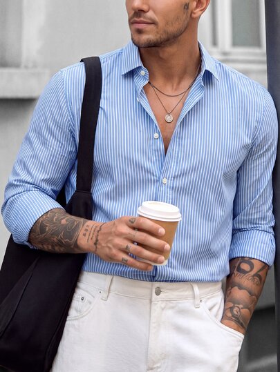 Manfinity Homme Camicia da uomo 2026 nuova, design casual alla moda, minimalista, elegante, versatile, vestibilità ampia, a righe blu & bianche, maniche lunghe, regalo per Capodanno, Natale, Ognissanti e vacanze