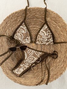 SHEIN Swim 2026 Spring/Summer Women's Brown Halter Leopard Random Floral Beach Shell Decor Side Tie High Cut Thong Triangle Bikini Set,Boho Holiday Bathing Suit - Brown - View 4
