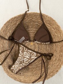 SHEIN Swim 2026 Spring/Summer Women's Brown Halter Leopard Random Floral Beach Shell Decor Side Tie High Cut Thong Triangle Bikini Set,Boho Holiday Bathing Suit - Brown - View 2