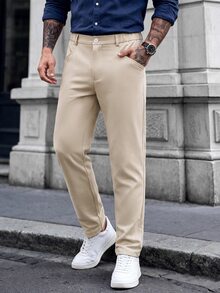 Manfinity CasualCool Men's Mature Casual Solid Color Tapered Long Pants, Perfect Choice For Holiday Gift - Apricot - View 3