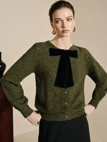 Arave Women's Cardigan Loose Fit Featuring Floral Yarn Metal Buttons Velvet Bow Decor Design Casual Daily Long Sleeve Knitted Open Front Round Neck Sweater Jacket Versatile - Dark Green - View 8