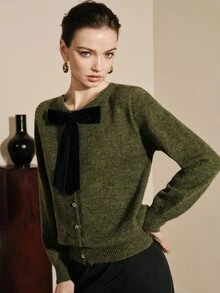 Arave Women's Cardigan Loose Fit Featuring Floral Yarn Metal Buttons Velvet Bow Decor Design Casual Daily Long Sleeve Knitted Open Front Round Neck Sweater Jacket Versatile - Dark Green - View 3