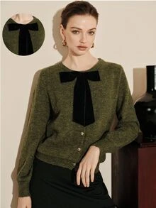 Arave Women's Cardigan Loose Fit Featuring Floral Yarn Metal Buttons Velvet Bow Decor Design Casual Daily Long Sleeve Knitted Open Front Round Neck Sweater Jacket Versatile - Dark Green - View 5
