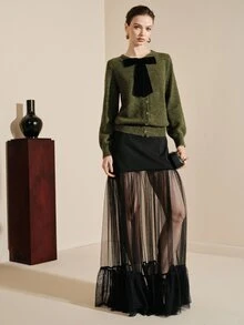 Arave Women's Cardigan Loose Fit Featuring Floral Yarn Metal Buttons Velvet Bow Decor Design Casual Daily Long Sleeve Knitted Open Front Round Neck Sweater Jacket Versatile - Dark Green - View 6
