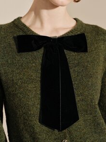 Arave Women's Cardigan Loose Fit Featuring Floral Yarn Metal Buttons Velvet Bow Decor Design Casual Daily Long Sleeve Knitted Open Front Round Neck Sweater Jacket Versatile - Dark Green - View 4