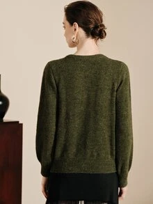 Arave Women's Cardigan Loose Fit Featuring Floral Yarn Metal Buttons Velvet Bow Decor Design Casual Daily Long Sleeve Knitted Open Front Round Neck Sweater Jacket Versatile - Dark Green - View 2