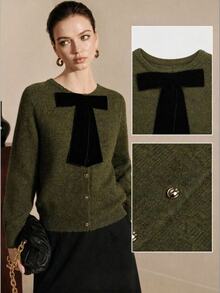 Arave Women's Cardigan Loose Fit Featuring Floral Yarn Metal Buttons Velvet Bow Decor Design Casual Daily Long Sleeve Knitted Open Front Round Neck Sweater Jacket Versatile - Dark Green - View 1