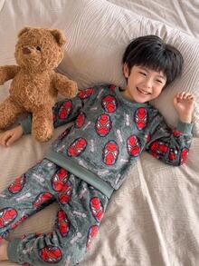 SHEIN Young Boy Autumn/Winter Graphic Kids Print Long Sleeve Hooded Double-Sided Flannel Home Wear 2 Pieces Set - Multicolor - View 4