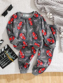 SHEIN Young Boy Autumn/Winter Graphic Kids Print Long Sleeve Hooded Double-Sided Flannel Home Wear 2 Pieces Set - Multicolor - View 3