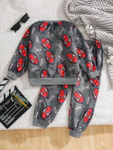 SHEIN Young Boy Autumn/Winter Graphic Kids Print Long Sleeve Hooded Double-Sided Flannel Home Wear 2 Pieces Set - Multicolor - View 2