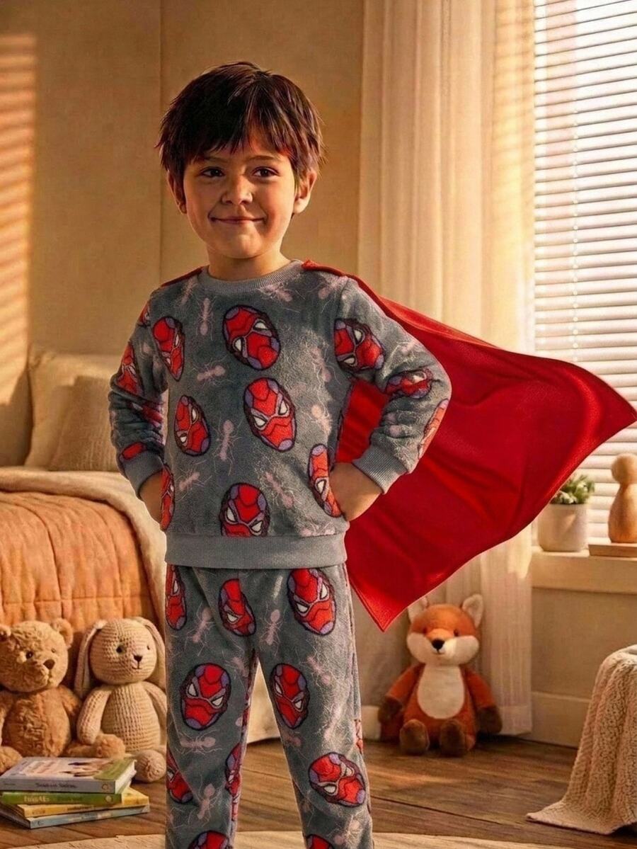 SHEIN Young Boy Autumn/Winter Graphic Kids Print Long Sleeve Hooded Double-Sided Flannel Home Wear 2 Pieces Set - Multicolor - View 1