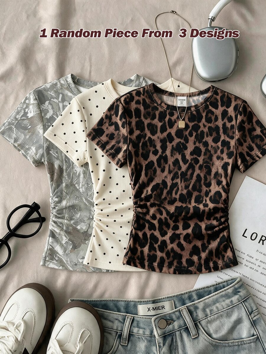 Teen Girls Casual Minimalist Fashion Vintage Leaf Pattern, Round Neck Ruched Waist Fitted Short Sleeve T-Shirt, Suitable For Spring/Summer Versatile Style Y2K, Easy Comfort, Tops, Chill, Striped - Multicolor - View 1