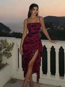 SHEIN MOD Women's Vintage Sexy Burgundy Butterfly Print Ruched Ruffle Hem Dress, Asymmetrical Hemline Dress Vacation Summer - Burgundy - View 2