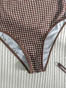 SHEIN Swim Vcay 女款度假海灘格紋細肩帶連身泳衣 - 棕色 - 查看 7