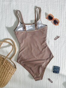 SHEIN Swim Vcay 女款度假海灘格紋細肩帶連身泳衣 - 棕色 - 查看 2