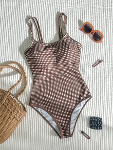 SHEIN Swim Vcay 女款度假海灘格紋細肩帶連身泳衣 - 棕色 - 查看 5