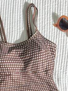 SHEIN Swim Vcay 女款度假海灘格紋細肩帶連身泳衣 - 棕色 - 查看 6