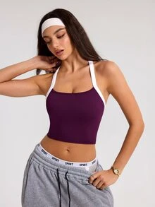 Dewbera Dewbera ملابس علوية رياضية نسائية بدون أكمام بألوان متباينة وظهر متقاطع - الأسود - مشاهدة 5