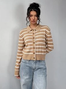 SHEIN BASICS 修身長袖領口針織上衣 - 卡其色 - 查看 8