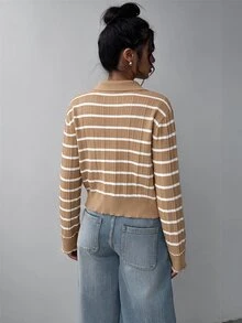SHEIN BASICS 修身長袖領口針織上衣 - 卡其色 - 查看 2